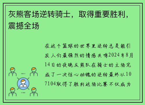 灰熊客场逆转骑士，取得重要胜利，震撼全场